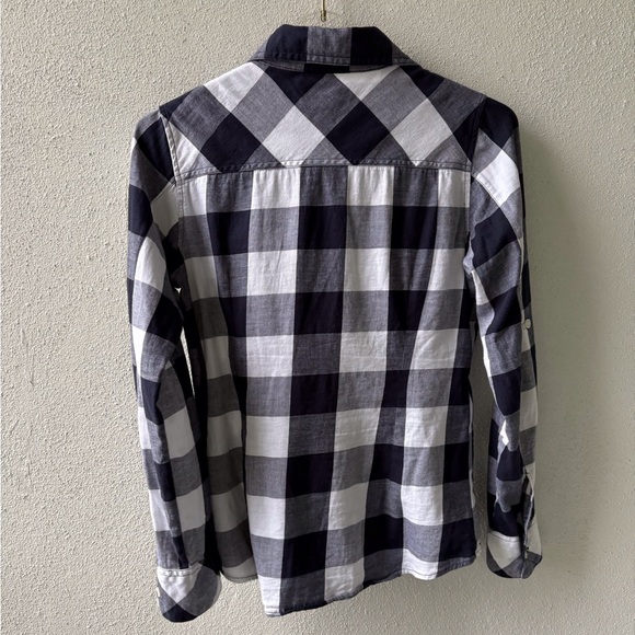 Thread & Supply Navy/White Check Button Up Long Sleeve Women Size L Pockets - Picture 3 of 10